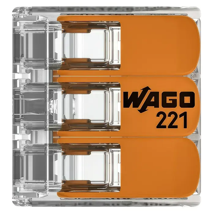 Wago Compact Hebelklemme 221-413 - Anzahl Leiter: 3 Stk., 0,14 mm² - 4 mm², 10 Stk. - Nahaufnahme eines WAGO 221-Verbindungsclips, einem Werkzeug für elektrische Verbindungen mit orangefarbenen Hebeln und transparentem Gehäuse.