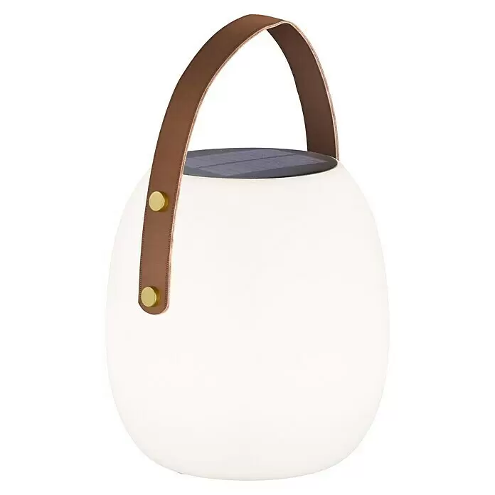 SCHÖNER WOHNEN-Kollektion Akku-Tischleuchte BELL - 2 W, L x B x H: 22 x 22 x 34 cm, Weiß, RGB - Weißes ovales Laternenlicht mit braunem Ledergriff und goldenen Nieten, mit einer dunklen Solarpanel-Oberseite.