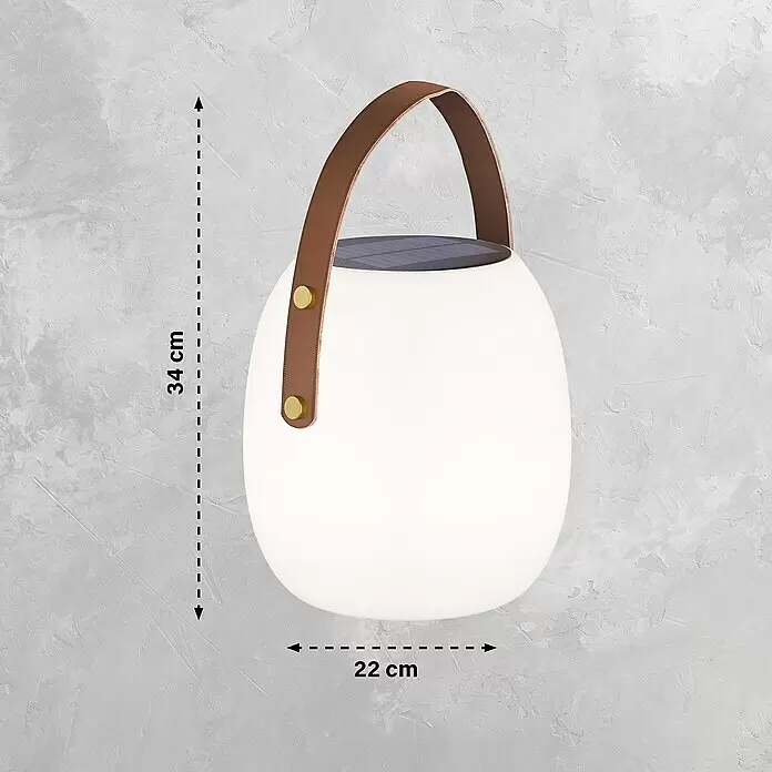 SCHÖNER WOHNEN-Kollektion Akku-Tischleuchte BELL - 2 W, L x B x H: 22 x 22 x 34 cm, Weiß, RGB - Weiße ovale Solarlaterne mit braunem Ledergriff, Maße: 34 cm H, 22 cm B.