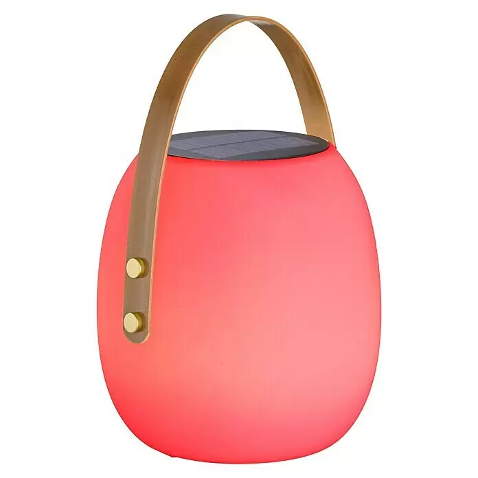 SCHÖNER WOHNEN-Kollektion Akku-Tischleuchte BELL - 2 W, L x B x H: 22 x 22 x 34 cm, Weiß, RGB - Rot leuchtende tragbare Laterne mit braunem Griff und dunkelgrauem Solarpanel oben.