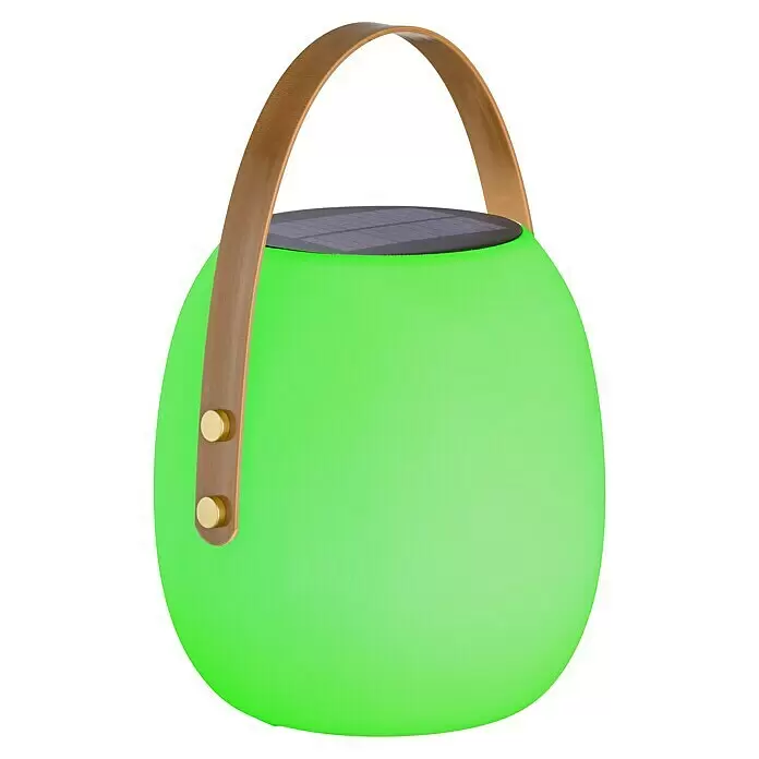 SCHÖNER WOHNEN-Kollektion Akku-Tischleuchte BELL - 2 W, L x B x H: 22 x 22 x 34 cm, Weiß, RGB - Grüne, ovale Solarlaterne mit braunem Griff und goldfarbenen Befestigungen.