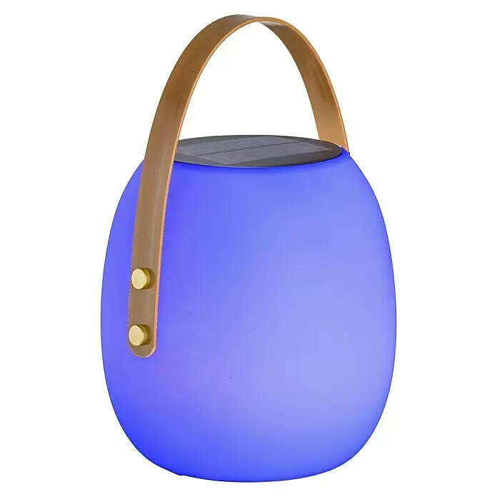 SCHÖNER WOHNEN-Kollektion Akku-Tischleuchte BELL - 2 W, L x B x H: 22 x 22 x 34 cm, Weiß, RGB - Blau leuchtende Solarlaterne mit braunem Ledergriff und Messingakzenten.