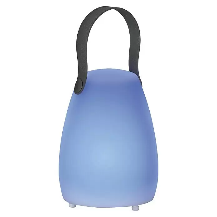 FHL easy Akku-Tischleuchte RUBY - 0,7 W, L x B x H: 12 x 12 x 16 cm, Weiß, RGBW, 3 Stk. - Blau leuchtende tragbare LED-Lampe mit schwarzem Tragegriff.