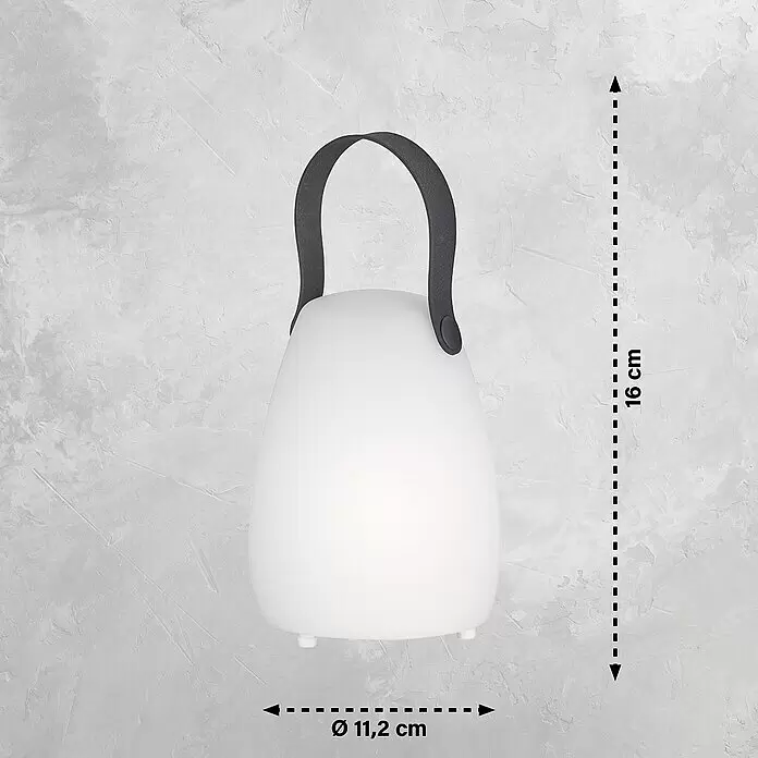 FHL easy Akku-Tischleuchte RUBY - 0,7 W, L x B x H: 12 x 12 x 16 cm, Weiß, RGBW, 3 Stk. - Weiße tragbare Lampe mit schwarzem Griff, 16 cm hoch und 11,2 cm Durchmesser.