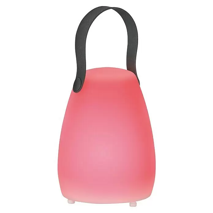 FHL easy Akku-Tischleuchte RUBY - 0,7 W, L x B x H: 12 x 12 x 16 cm, Weiß, RGBW, 3 Stk. - Rosa tragbare LED-Laterne mit dunkelgrauem Tragegurt.