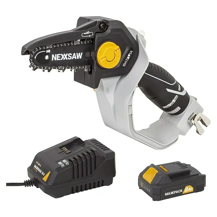 Batavia Maxxpack Akku-Kettensäge Nexxsaw V3.1 - 18 V, 2 Ah, Li-Ionen, 1 Akku, Schwertlänge: 154 mm - Akku-Kettensäge mit Ladegerät und Akku.