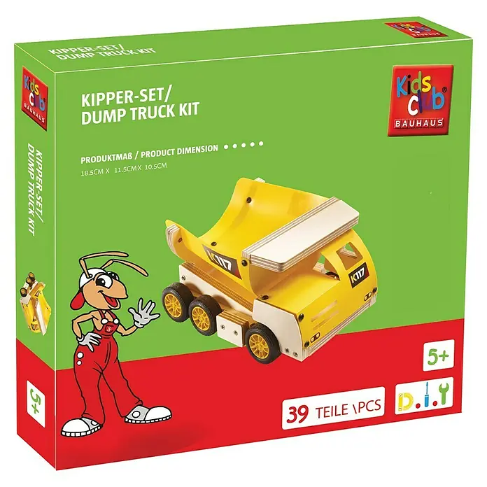 Kinder-Muldenkipper KidsClub® - Holz, Gelb/Holz - Produktverpackung für einen Kipper-Bausatz der Marke Kids Club Bauhaus. Das Spielzeug ist ein Holzmodell mit gelben und weißen Elementen.