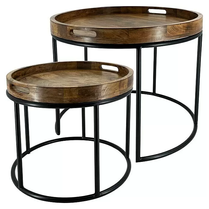 Beistelltisch - 1 Stk., Ø x H: 45 x 37 cm, Mangoholz - Zwei verschachtelbare Beistelltische mit runden Holzplatten und schwarzen Metallgestellen.