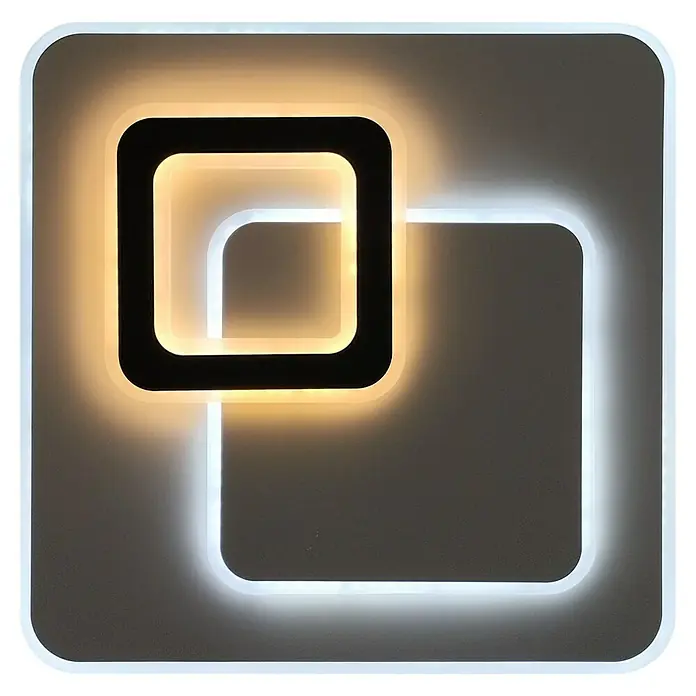 Panaled Katto Plafón LED - 30 W, An x L: 46 x 46 cm, Beige, Blanco frío - Elemento de techo moderno con dos cuadrados entrelazados, uno negro con luz amarilla y otro blanco.
