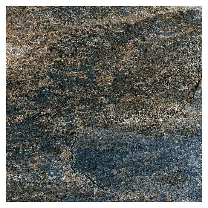 Decocer by Cinca Feinsteinzeugfliese Splash Indian - 15 x 15 cm, Blaubraun, Matt - Bild einer dunklen Schieferplatte mit braunen und blauen Farbtönen, ideal für Bodenbeläge oder Wandverkleidungen.
