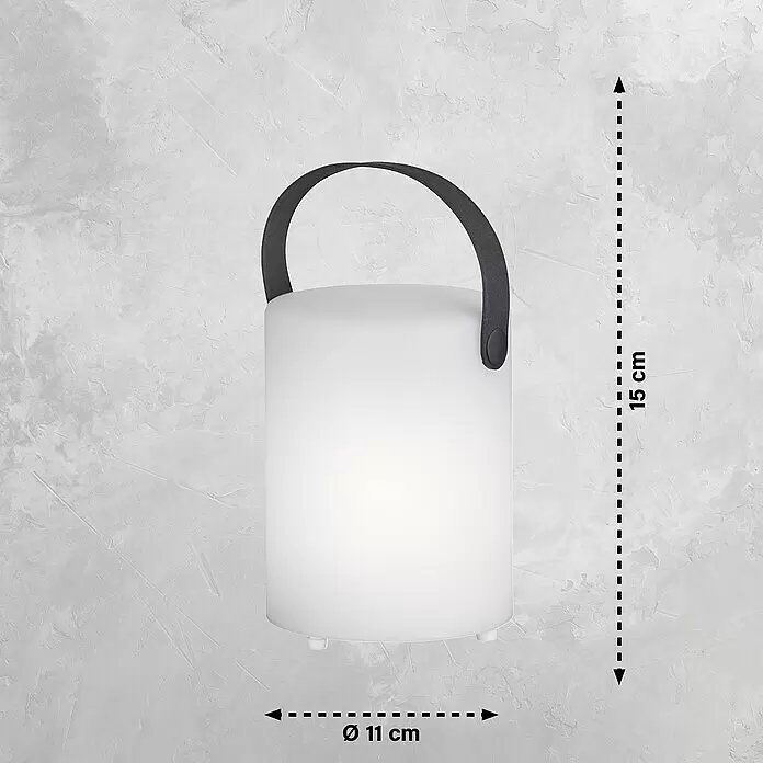 FHL easy Akku-Tischleuchte CIRO - 0,7 W, L x B x H: 11 x 11 x 15 cm, Weiß, RGB, 2 Stk. - Weiße tragbare Laterne mit schwarzem Griff. Maße: 15 cm hoch, 11 cm Durchmesser.