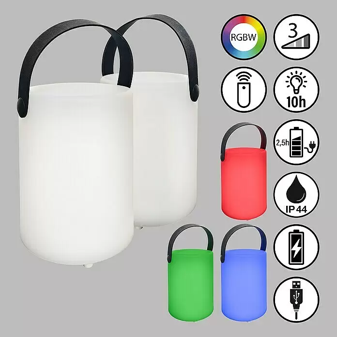 FHL easy Akku-Tischleuchte CIRO - 0,7 W, L x B x H: 11 x 11 x 15 cm, Weiß, RGB, 2 Stk. - Zwei weiße tragbare RGBW LED-Laternen mit schwarzen Griffen, auch in Rot, Grün und Blau abgebildet, mit 3 Helligkeitsstufen und USB-Ladefunktion.