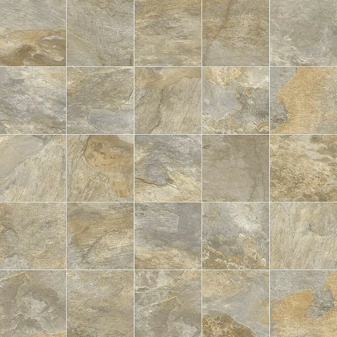 Decocer by Cinca Feinsteinzeugfliese Splash Grege - 15 x 15 cm, Braun, Matt - Abbildung von quadratischen Bodenfliesen mit einem natürlichen Steinmuster in Beige- und Grautönen, ideal für Innenräume.