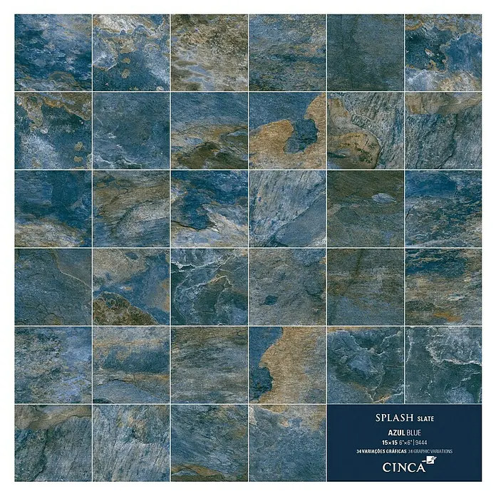 Decocer by Cinca Feinsteinzeugfliese Splash Azul - 15 x 15 cm, Blaugrau, Matt - Nahaufnahme der Splash Slate "Azul Blue" Fliese, 15x15 cm, mit 34 grafischen Variationen für ein einzigartiges, natürliches Design.