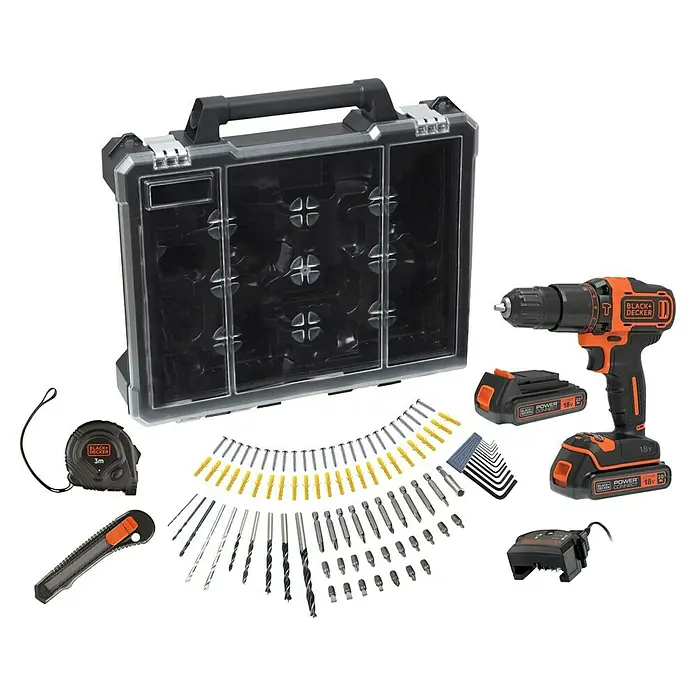 Black+Decker Taladro atornillador percutor de batería BDCHD18D2AB - 18 V, 2 baterías, 2 Ah - Un juego de taladro inalámbrico Black+Decker con accesorios y estuche de almacenamiento, ideal para proyectos de bricolaje.