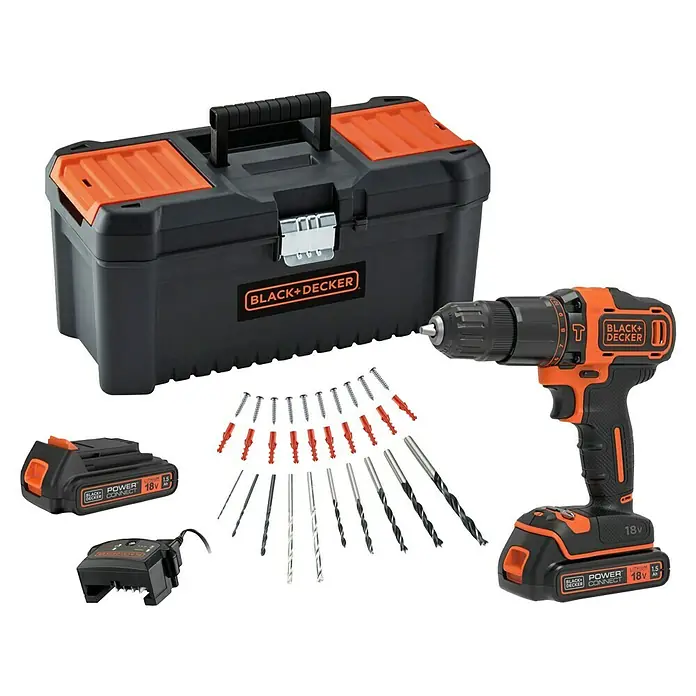 Black+Decker Taladro atornillador percutor de batería BDCHD18C2TA -  - Un kit de taladro Black+Decker, completo con caja de herramientas, batería, cargador, tornillos y brocas.