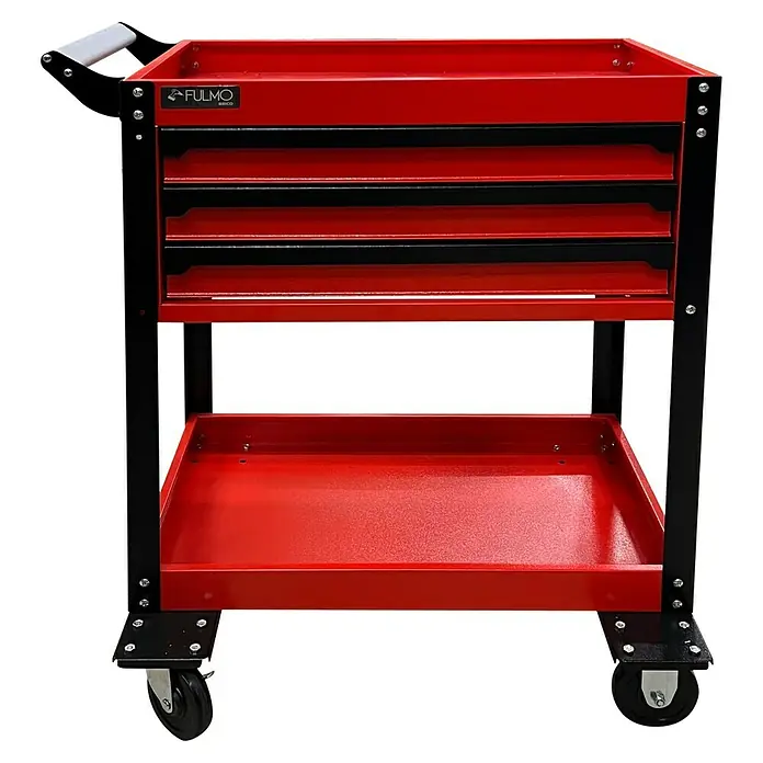 Fulmo Carro portaherramientas - L x An x Al: 68 x 45 x 90,5 cm, Acero, Rojo/Negro - Carro de herramientas rojo Fulmo con tres cajones y un compartimento de almacenamiento, ideal para el taller. Mango práctico y ruedas para movilidad.