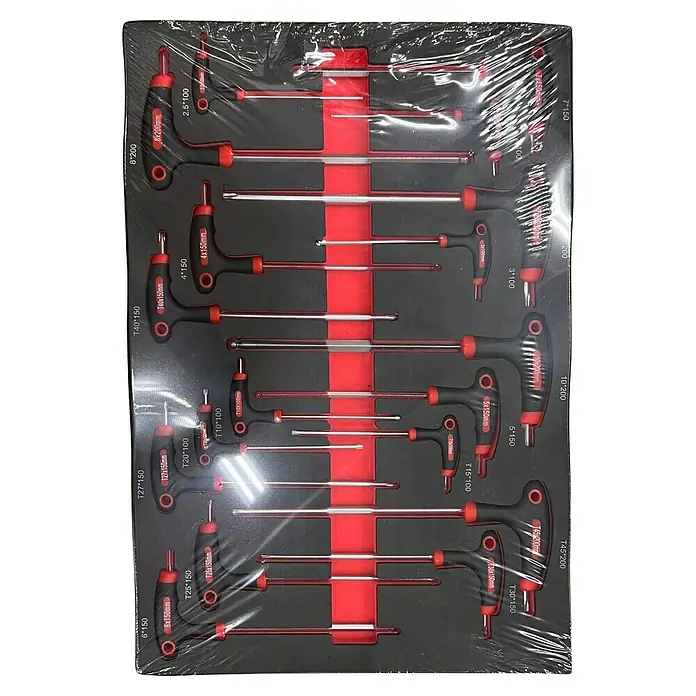 Fulmo Carro portaherramientas - L x An x Al: 68 x 45 x 90,5 cm, Acero, Rojo/Negro - Un juego de destornilladores con mango en T de varios tamaños, cuidadosamente empaquetado en una bandeja de herramientas roja y negra.