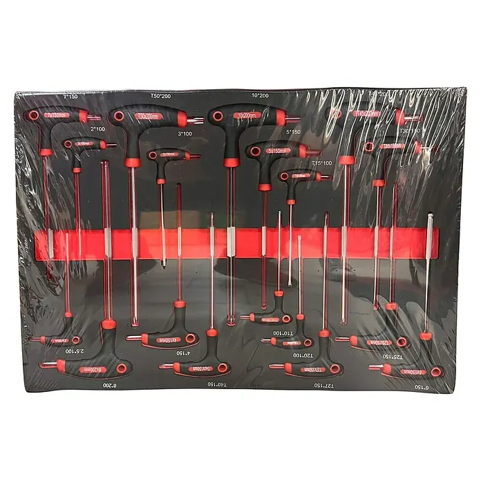 Fulmo Carro portaherramientas - L x An x Al: 68 x 45 x 90,5 cm, Acero, Rojo/Negro - La imagen muestra un juego de llaves de mango en T de varios tamaños y tipos, ordenadas en una caja negra con detalles en rojo.