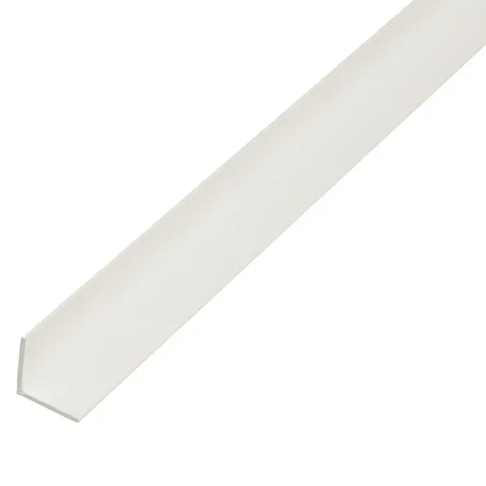 Kantoflex Winkelprofil - L x B x H: 2.000 x 50 x 50 mm, Stärke: 1,2 mm, Kunststoff, Weiß - Nahaufnahme eines weißen Winkelprofils, das für Ecken oder Kanten in verschiedenen Bau- und Heimwerkerprojekten verwendet wird.