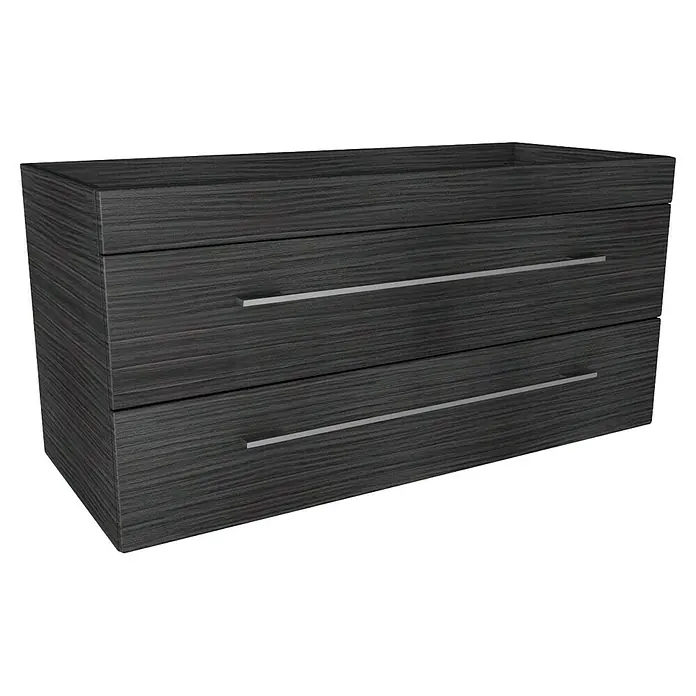 Lanzet K5 Badmöbel-Set K51D2 - 117,9 cm, Dark Oak - Nahaufnahme eines modernen, grauen Unterschranks mit zwei Schubladen und eleganten, horizontalen Griffen.