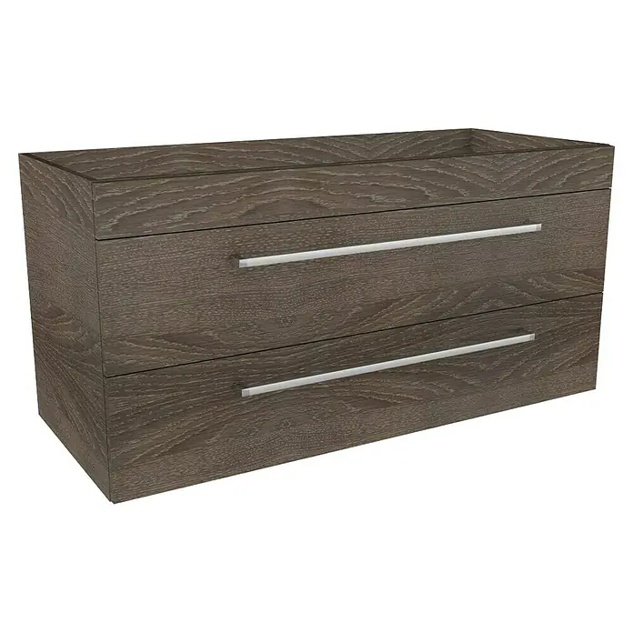 Lanzet K5 Badmöbel-Set K51E2 - 117,9 cm, Eiche Maron - Holzfarbener Waschtischunterschrank mit zwei Schubladen und modernen, silberfarbenen Griffen für ein stilvolles Badezimmer.