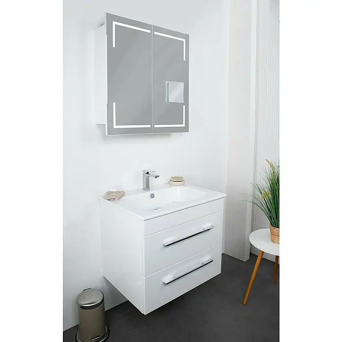 Lanzet K5 Einbauwaschbecken - 71 x 51,5 cm, Weiß - Badezimmerwaschtisch mit Unterschrank und Spiegelschrank mit Beleuchtung, eine elegante und praktische Lösung für jedes moderne Badezimmer.
