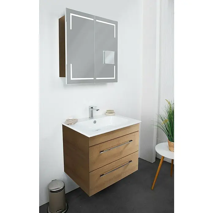 Lanzet K5 Waschtischunterschrank - 67,9 x 50,3 x 57,5 cm, Berg Eiche - Modernes Badezimmer-Waschbeckenmöbel mit Unterschrank und Spiegelschrank mit integrierter Beleuchtung für ein stilvolles Ambiente.