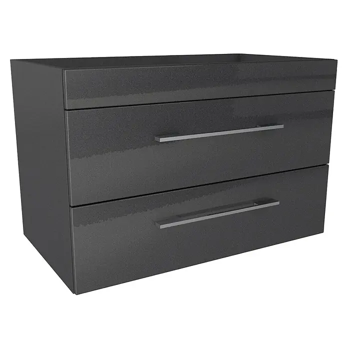 Lanzet K5 Badmöbel-Set K59G2 - 87,9 cm, Grafit - Schwarzer Schubladenschrank mit zwei Schubladen und silbernen Griffen für ein modernes Ambiente. Praktisch und stilvoll.