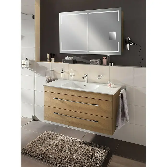 Lanzet K5 Waschtischunterschrank - 117,9 x 50,3 x 57,5 cm, Berg Eiche - Modernes Badezimmer-Waschbecken mit zwei Schubladen in Holzoptik, weißen Keramikwaschtisch und Spiegelschrank mit Beleuchtung.