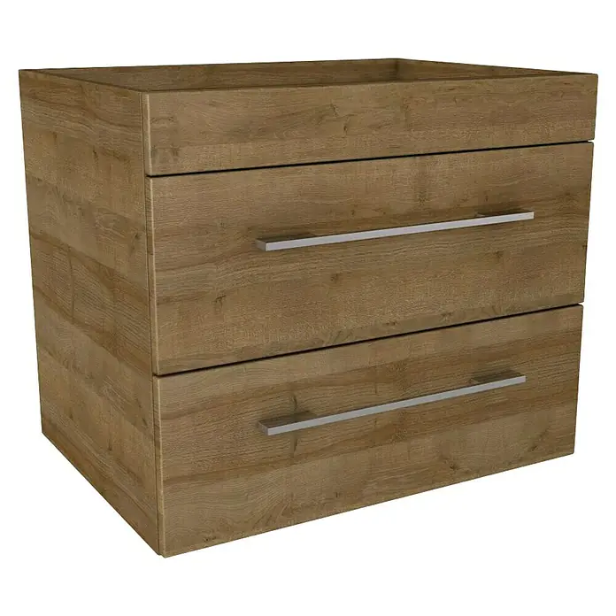 Lanzet K5 Badmöbel-Set K57B2R - 67,9 cm, Berg Eiche - Dieser Schrank mit zwei Schubladen in Holzoptik bietet Stauraum und eine moderne Ästhetik für jeden Raum. Die geradlinigen Griffe runden das Design ab.