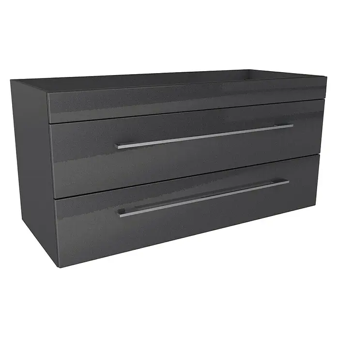 Lanzet K5 Badmöbel-Set K51G2 - 117,9 cm, Grafit - Ein grauer Waschtischunterschrank mit zwei Schubladen und langen, horizontalen Griffen. Das Möbelstück wirkt modern und schlicht.