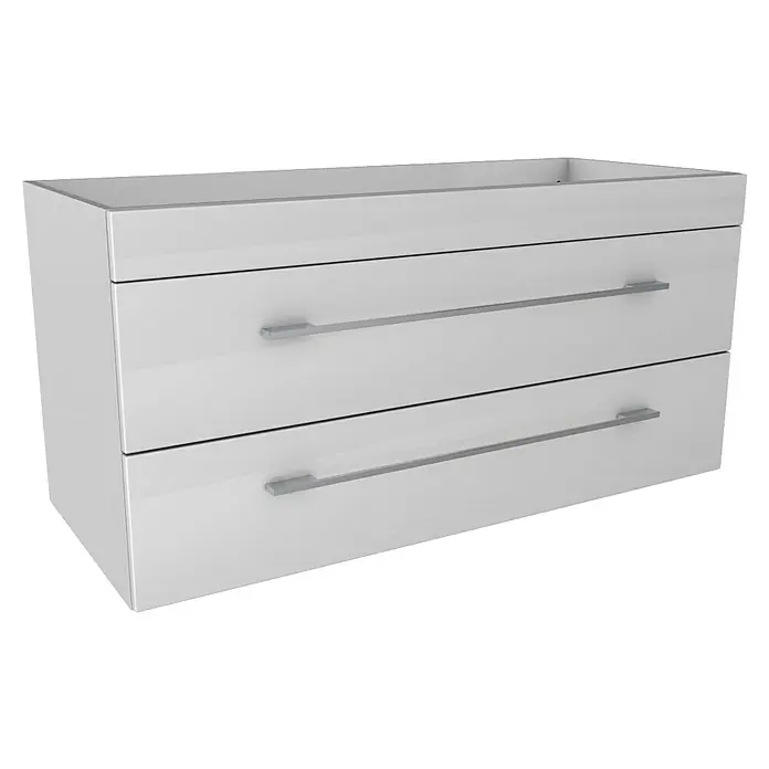 Lanzet K5 Badmöbel-Set K51W2 - 117,9 cm, Weiß - Ein moderner weißer Badezimmerschrank mit zwei Schubladen und eleganten silbernen Griffen, ideal für ein stilvolles Badezimmer.