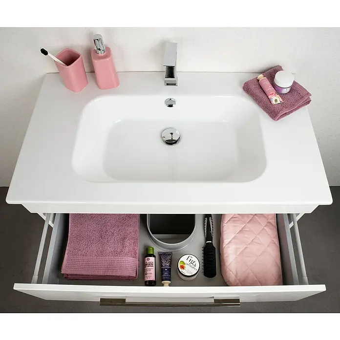 Lanzet K5 Badmöbel-Set K59W1 - 87,9 cm, Weiß - Weißer Waschtisch mit offenem Schubfach, das verschiedene Badutensilien wie Handtücher und Pflegeprodukte enthält.