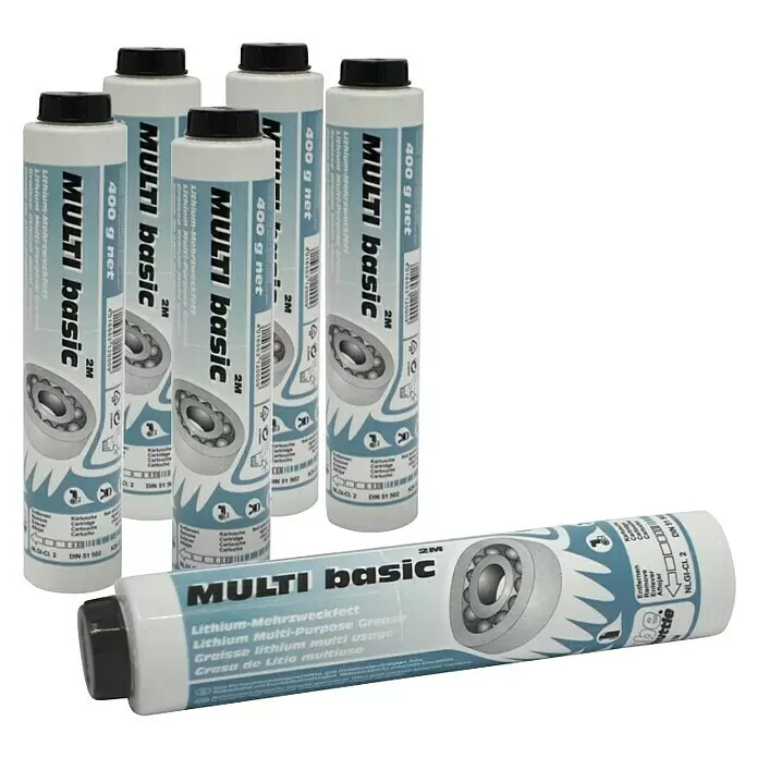 Mato Mehrzweckfett Multibasic M2 - 400 ml - Weiße Tuben MULTI basic Lithium-Mehrzweckfett mit schwarzen Kappen, eine Tube liegt horizontal.