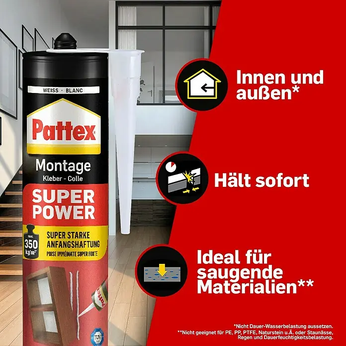 Pattex Montagekleber Super Power - 370 g, Kartusche - Pattex Montage Super Power Kleber in Weiß. Ideal für saugende Materialien, hält sofort und ist für Innen- und Außenbereiche geeignet.