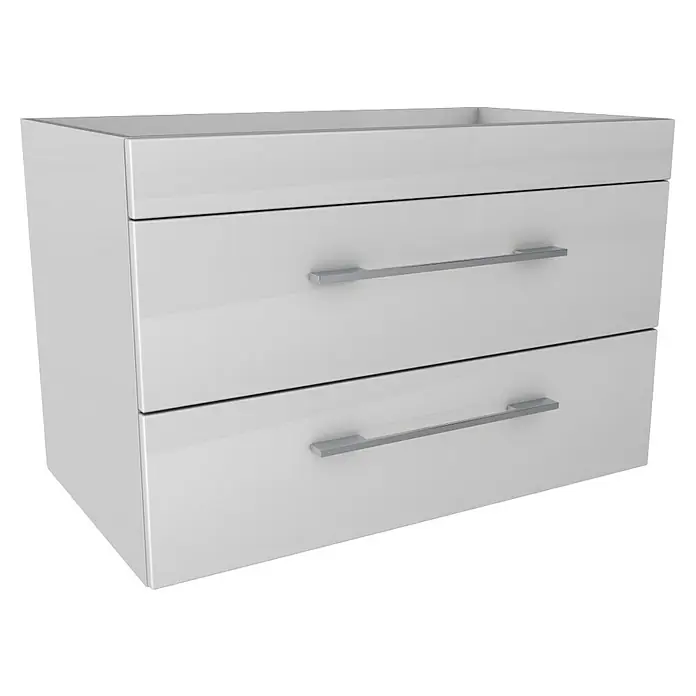 Lanzet K5 Badmöbel-Set K59W2 - 87,9 cm, Weiß - Ein moderner, glänzend weißer Unterschrank mit zwei Schubladen und schlichten, silberfarbenen Griffen. Perfekt für Badezimmer.