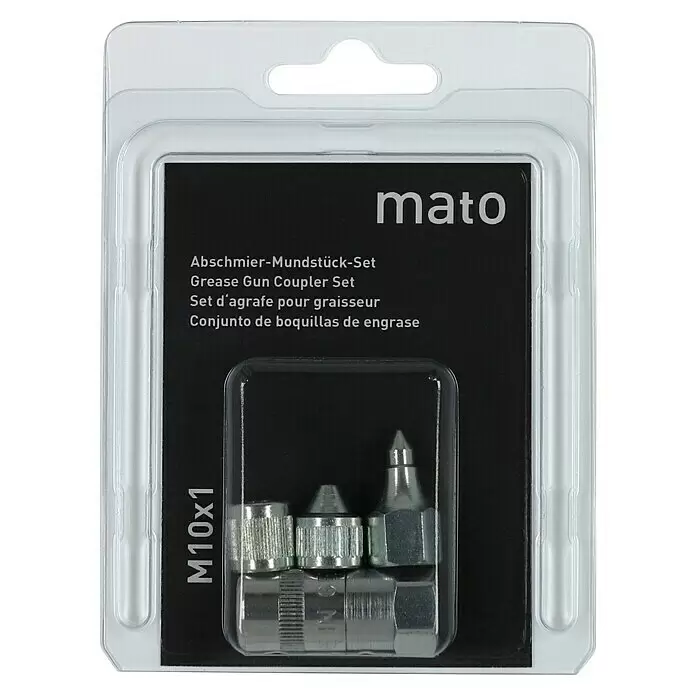 Mato Mundstück-Set M10X1 - 4 -tlg., Stahl - Metallisches Abschmier-Mundstück-Set mit drei verschiedenen Düsen in transparenter Blisterverpackung. Gewinde M10x1.