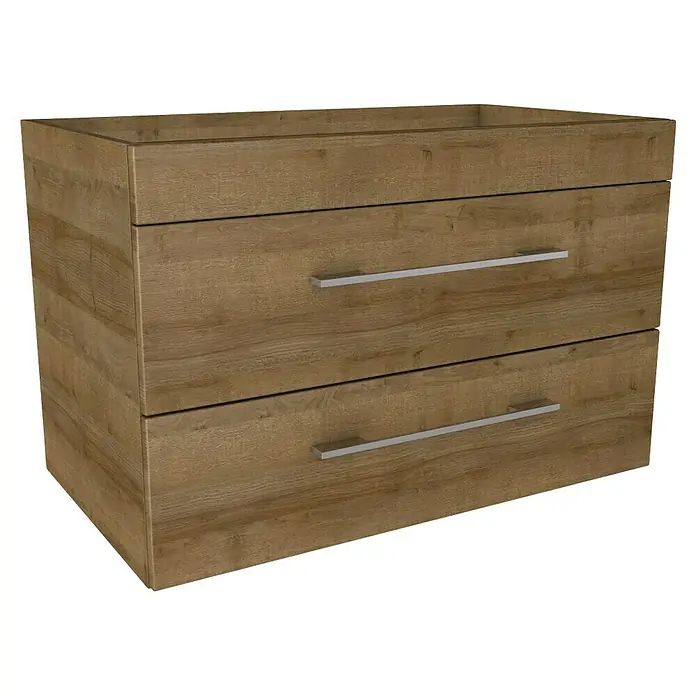 Lanzet K5 Badmöbel-Set K59B1 - 87,9 cm, Berg Eiche - Dieser moderne Waschtischunterschrank in Holzoptik verfügt über zwei Schubladen mit eleganten, silberfarbenen Griffen. Ein stilvolles Möbelstück für jedes Badezimmer.