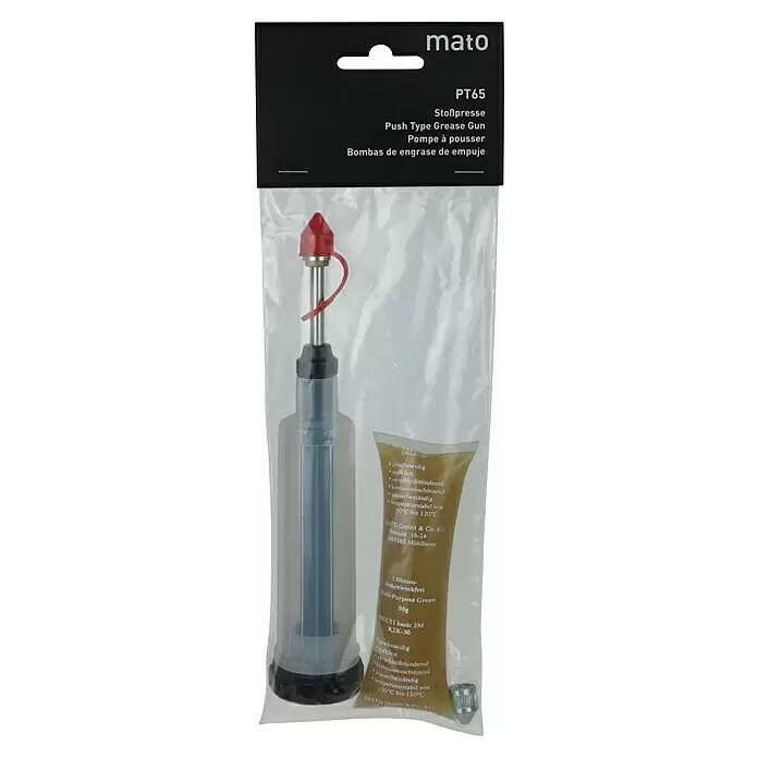 Mato Stoßfettpresse PT65 - Max. Druck: 50 bar, Kunststoff - Mato PT65 Stoßpresse mit roter Kappe und 50g Mehrzweckfett-Tube, in transparenter Kunststoffverpackung.