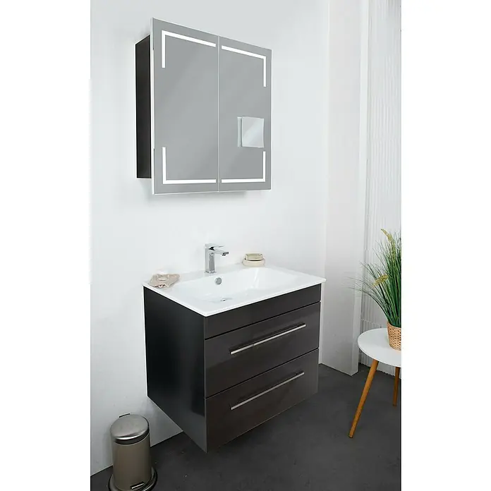 Lanzet K5 Waschtischunterschrank - 67,9 x 50,3 x 57,5 cm, Grafit - Modernes Badezimmer-Waschbecken mit Unterschrank und Spiegelschrank mit Beleuchtung für stilvolle Badezimmerausstattung.