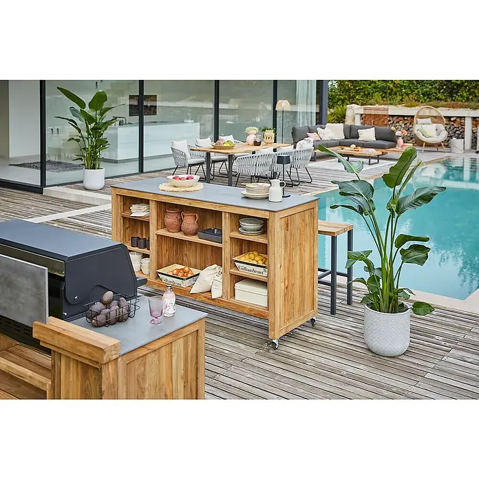Sunfun Zoe Outdoorküchen-Modul Grillbar - Braun, B x T x H: 188 x 67 x 110,2 cm, Teakholz - Außenküche aus Holz mit Grill und Arbeitsplatte mit Aufbewahrung. Ideal zum stilvollen Zubereiten von Speisen im Freien am Pool.