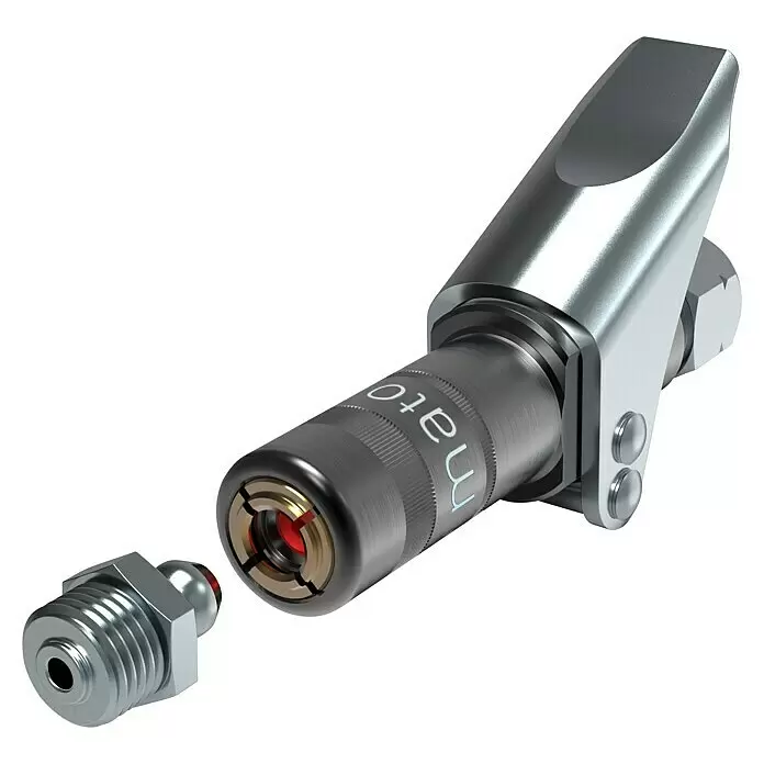 Mato Sicherheits-Mundstück M10X1 - Edelstahl - Silberne, metallische Mato Schnellkupplung für Fettpressen mit abgetrenntem Nippel.