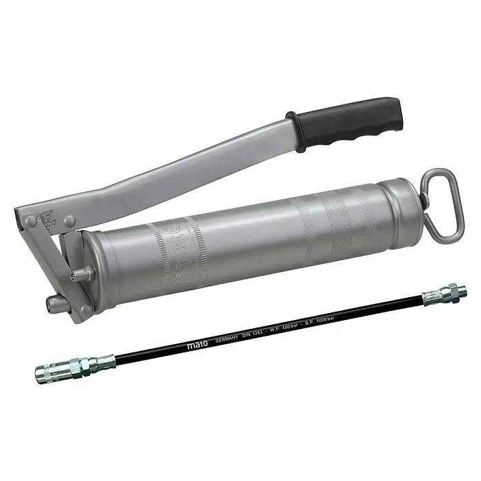 Mato Fettpresse E500 - Max. Druck: 800 bar, Metall - MATO Handhebel-Fettpresse mit Hochdruckschlauch. Ideal zum Schmieren von Maschinen und Fahrzeugen, zuverlässige Schmierung für den professionellen Einsatz.