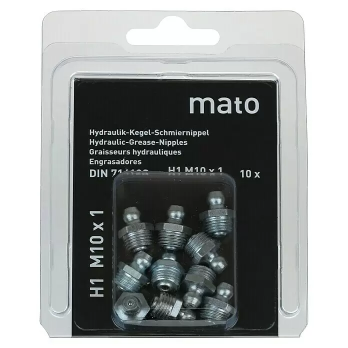 Mato Schmiernippel H1M10X1SW1 - 0 °, Schraubengewinde: M 10, 10 Stk. - 10 silberne H1 M10 x 1 Hydraulik-Schmiernippel zur Schmierung, in Blisterverpackung.
