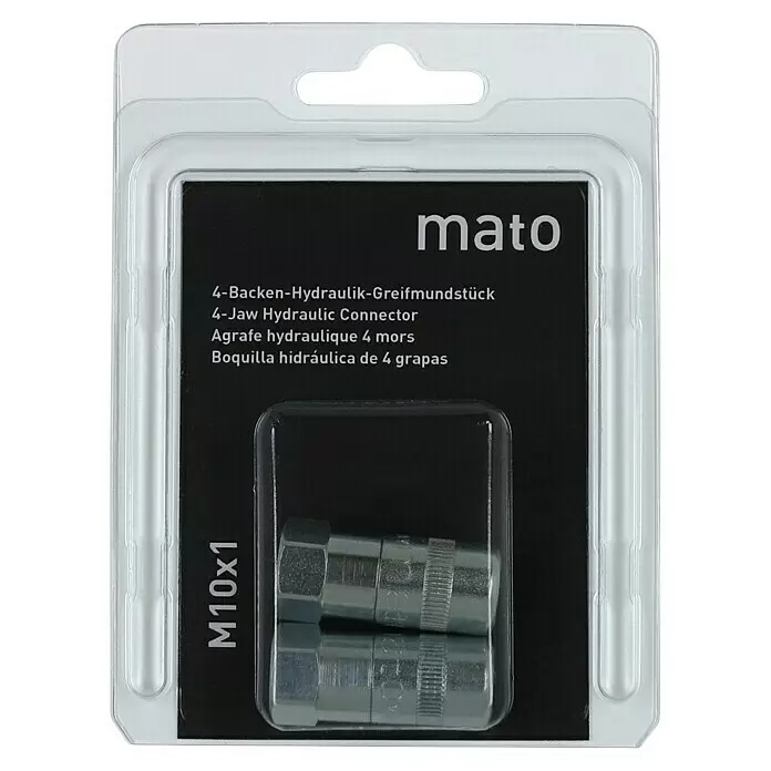 Mato Mundstück-Set - 2 Stk., Stahl - Zwei silberne Mato M10x1 4-Backen-Hydraulik-Greifmundstücke in Blisterverpackung.