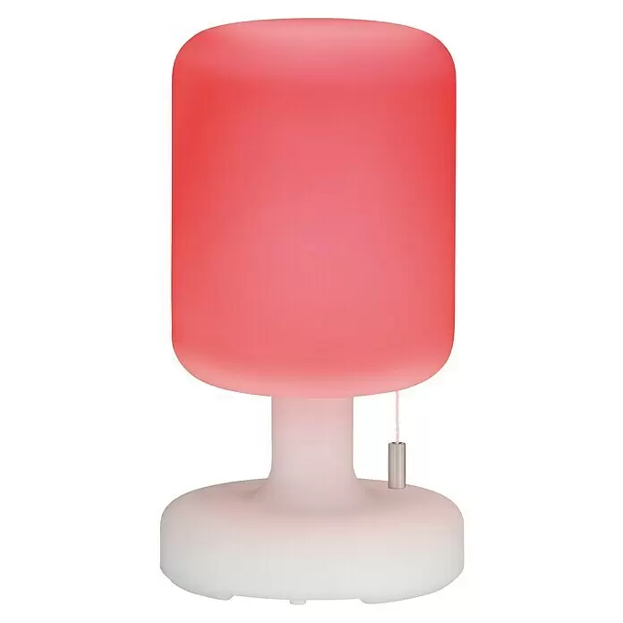 FHL easy Akku-Tischleuchte TERMOLI - 1,5 W, L x B x H: 13 x 13 x 23 cm, Weiß, RGB, 1 Stk. - Rosa zylindrische Tischlampe mit abgerundetem weißem Sockel und silberner Zugkette.