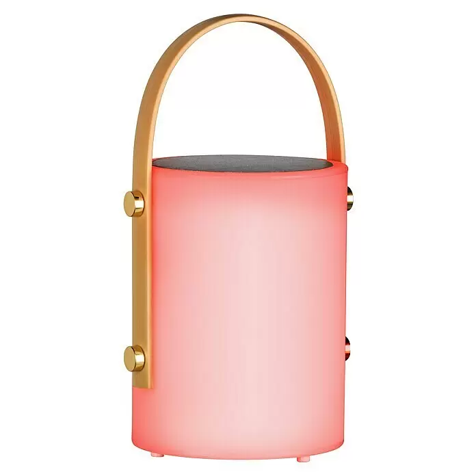 FHL easy Akku-Tischleuchte BARI - 0,5 W, L x B x H: 11,5 x 11,5 x 24 cm, Weiß, RGB - Tragbare Lampe mit rotem Leuchten, grauem Lautsprecher-Oberteil und Holzgriff mit goldenen Akzenten.
