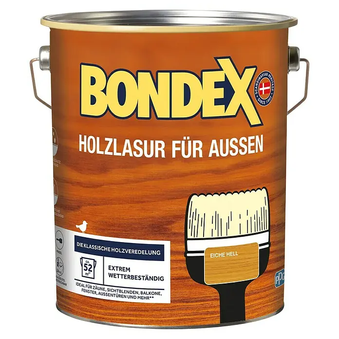Bondex Holzlasur für Außen - Eiche Hell, 4 l, Seidenmatt - Dose Bondex Holzlasur für Aussen, Eiche Hell, ideal für den Aussenbereich mit extremem Wetterschutz.