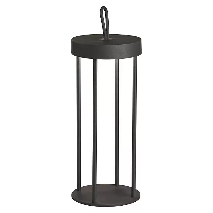 FHL easy Akku-Tischleuchte KANTE - 3 W, L x B x H: 13 x 13 x 36 cm, Schwarz, Warmweiß - Dunkelgrauer zylindrischer Metallhalter mit vertikalen Stäben, flachem Boden und einer Schlaufe.